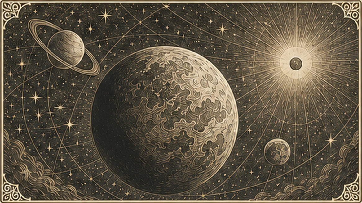 An engraved celestial chart of a fantasy planet, its moons, and neighboring worlds